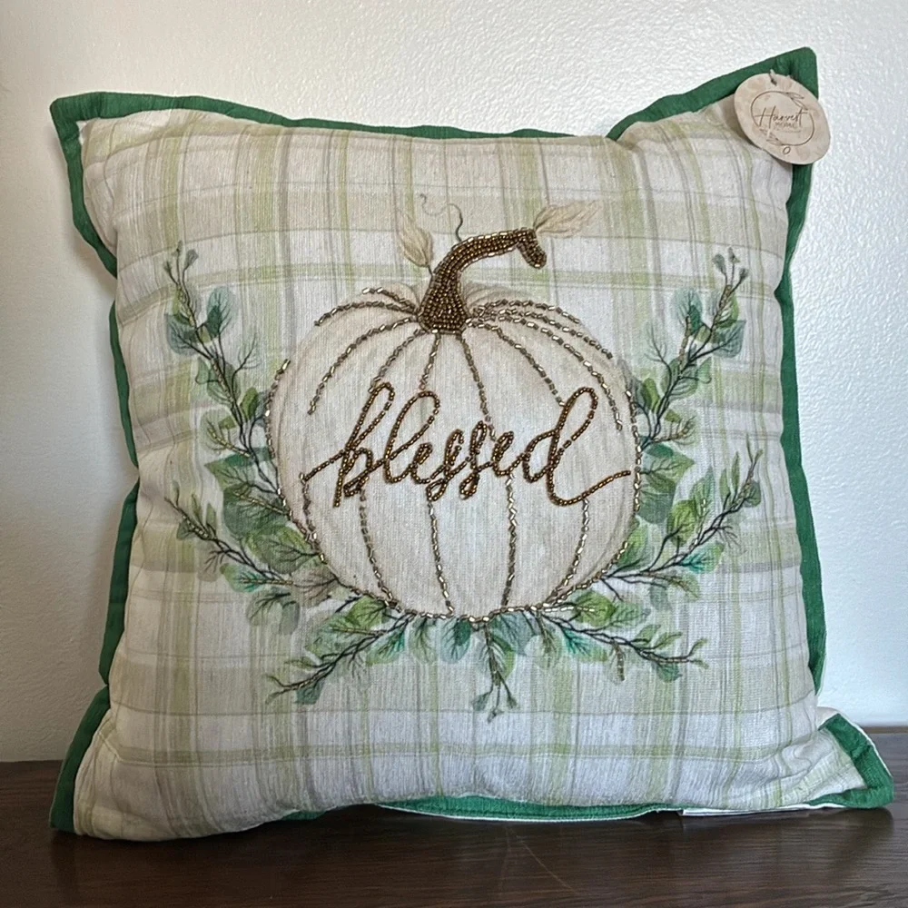 HP-NWT 16x16 Soft Green & Cream Plaid- Blessed Beaded Pumpkin Decorative Pillow